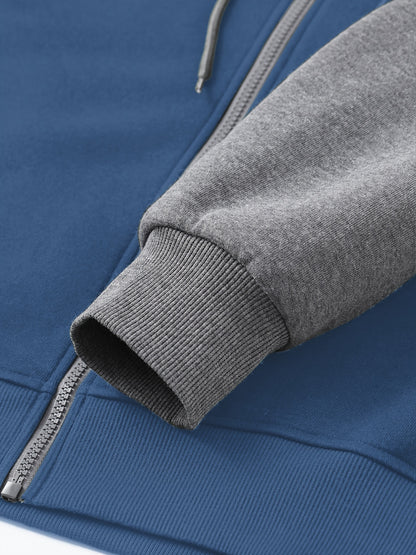 Men's Casual Sports Hoodie Two-Piece Set Four Seasons Color-Matching Zipper Drawstring Waist Jogging Suit - ayq