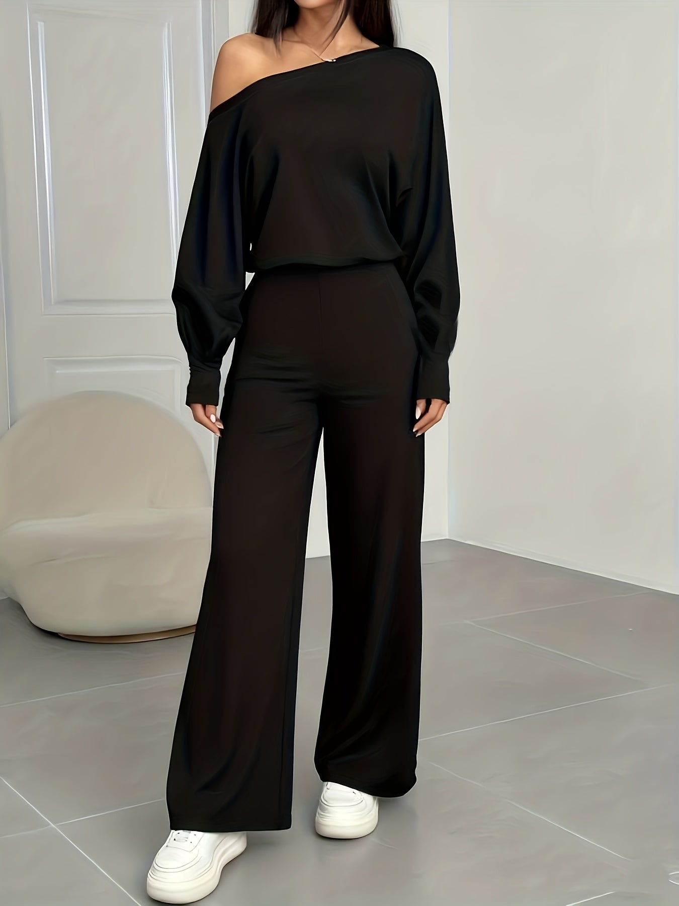 Women'S Asymmetrical Off-Shoulder Top With Bell Sleeves And Straight Pants Set | Solid Color, Elastic Comfort, Ideal For Parties And Street Style - ayq