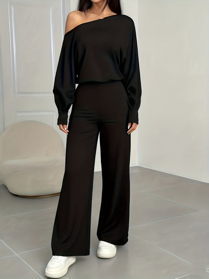 Women'S Asymmetrical Off-Shoulder Top With Bell Sleeves And Straight Pants Set | Solid Color, Elastic Comfort, Ideal For Parties And Street Style - ayq