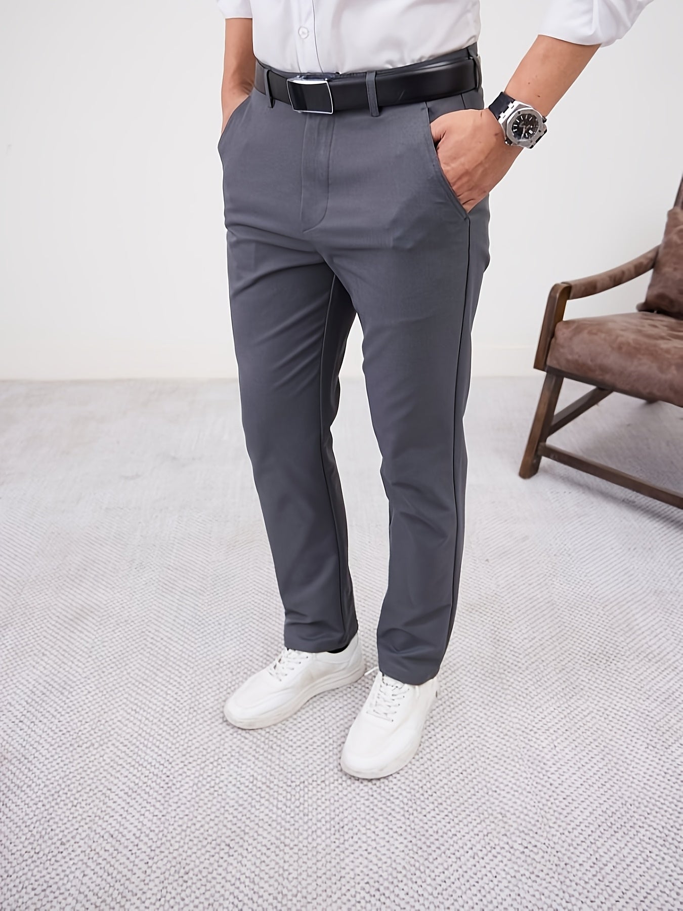Men'S Casual Solid Color Regular Length Slight Stretch Woven Fabric Pants for Adult