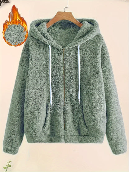 Cozy Fleece-Lined Hooded Jacket for Women - Casual Solid Color with Drawstring, Zip-Up Front, Long Sleeves - Perfect for Fall & Winter