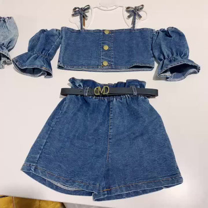 2 հատ Toddler Girls Puff Sleeves Cold Shoulder Button Crop Top &amp; Paperbag իրան շորտեր Ջինսե հավաքածու Մանկական ամառային հագուստ