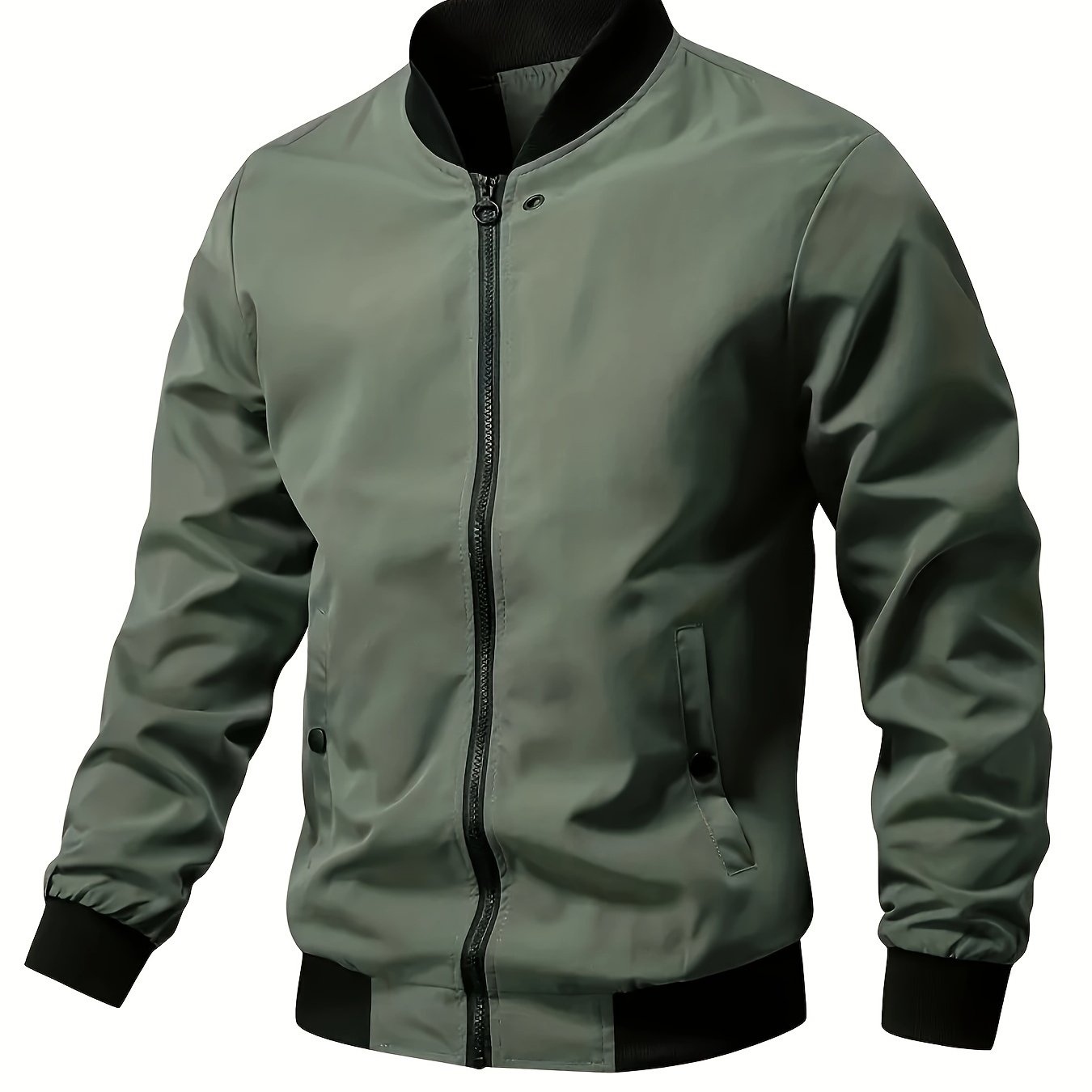 1pc Men'S Casual Stand Collar Bomber Jacket, Solid Color Long Sleeve Non-Stretch Woven Acetate with Pockets, Polyester Lined Zip-Up Lightweight Outerwear for Spring/Fall
