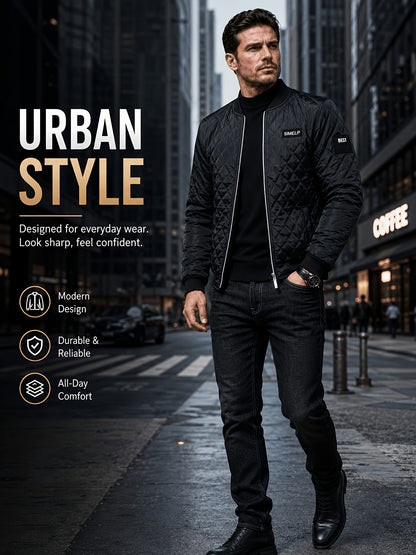 Men's Quilted Bomber Jacket with Ribbed Collar for Fall/Winter