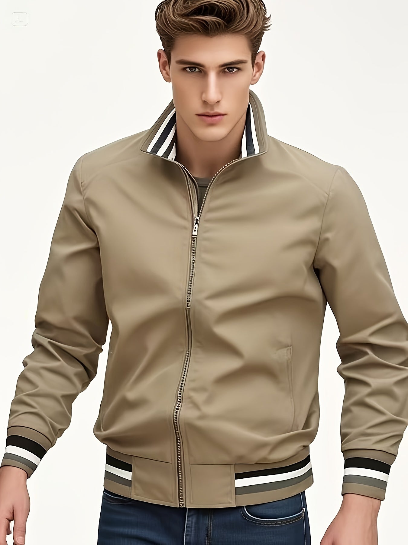A Men'S Stylish Pilot Jacket, Made of Durable Fabric, Features Classic Striped Details, Perfect for Casual Outings Or Hiking. It Offers a Sense of Confidence And Fashion, Making It an Ideal Gift for Men