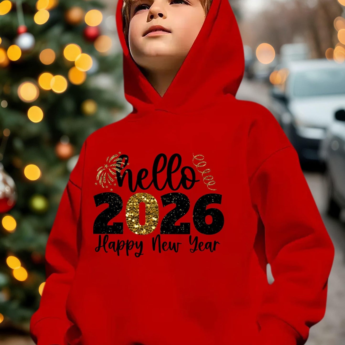 Boys' 2026 New Year Hooded Sweatshirt - Hello 2026 Happy New Year Lettering, Mint Green with Golden Accents, Loose Fit Long Sleeve Pullover for Boys