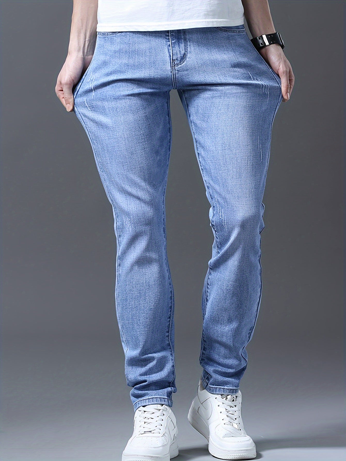 Men's Slim Fit Jeans, 62% Cotton 35% Polyester 3% Spandex Blend, Solid Color Washed Denim, All-Season Regular Length Pants
