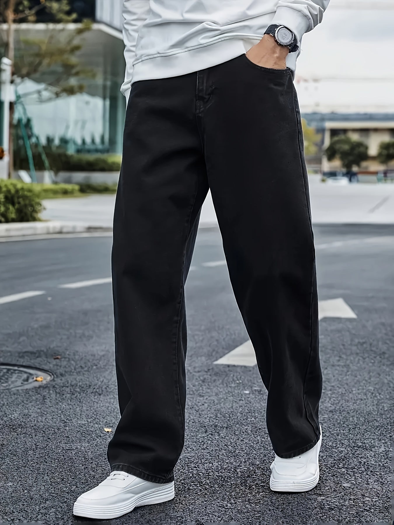 Men's Classic Straight Leg Denim Jeans - Loose Fit, Cotton Blend, Solid Color Black, Street Style, Comfortable & Versatile for All Seasons, Casual Streetwear|Street Style Pants|Nonstretch Fabric