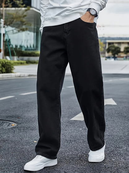 Men's Classic Straight Leg Denim Jeans - Loose Fit, Cotton Blend, Solid Color Black, Street Style, Comfortable & Versatile for All Seasons, Casual Streetwear|Street Style Pants|Nonstretch Fabric
