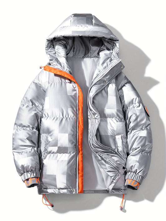 Տղամարդու վանդակավոր գրաֆիկական նախշերով, գրպաններով, ամենօրյա, կայծակաճարմանդով երկար թևքերով, տաք, գլխարկով վերնազգեստ ձմեռային բացօթյա գործունեության համար