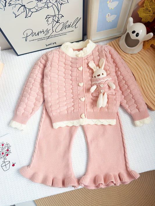 Girls' Fashion Casual Blend Knitted Set for Girls 3, Round Neck, Long Sleeves, Button Closure, Bunny Embellished Pink Sweater Pants Two-Piece Set, Elegant And Sweet, Suitable for Outdoor Activities, As a Gift for Kids