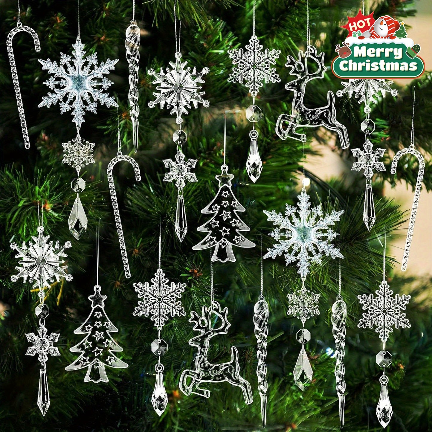 18pcs Festive PVC Acrylic Crystal Christmas Ornaments Set - Snowflakes, Reindeer, Icicles Hanging Decorations for Xmas Tree, Holiday Window, New Year Party Decor, DIY Handmade Materials