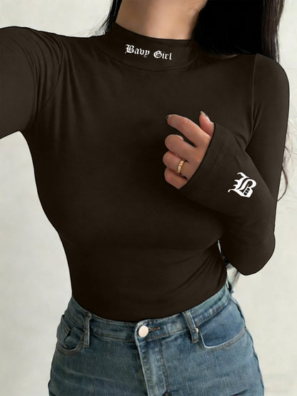 Women’s Gothic Style Long-Sleeve High-Neck Fitted T-Shirt