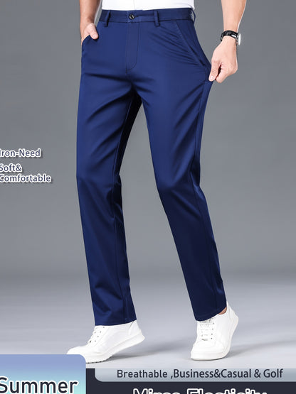 Men's Solid Color Straight Leg Business Style Cotton Blend Pants, Casual Comfy Breathable Outdoor Trousers As Gift
