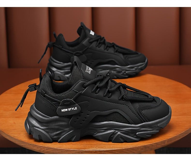 Men's Fashion Chunky Sneakers - Sports & Casual Streetwear Shoes, Solid Color, Non-Slip Lace-Up, Thick Sole, Low Top Fabric Sneakers for All Seasons, Running & Hiking, Universal Fit - Round Toe
