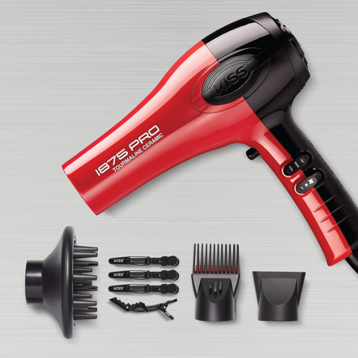 KISS 1875 Watt Pro Tourmaline Ceramic Hair Dryer, 3 Heat Settings, 2 Speed Slide Switch, Cool Shot Button, 2 Detangler Combs, 1 Concentrator, 1 Diffuser, Removable Filter Cap & 4 Sectioning Clips