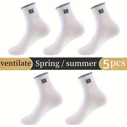 5/10 Pairs Of Men's Trendy Solid Crew Socks, Spring and Fall Breathable Comfy Casual Socks for Men's Outdoor Wearing All Seasons Wearing