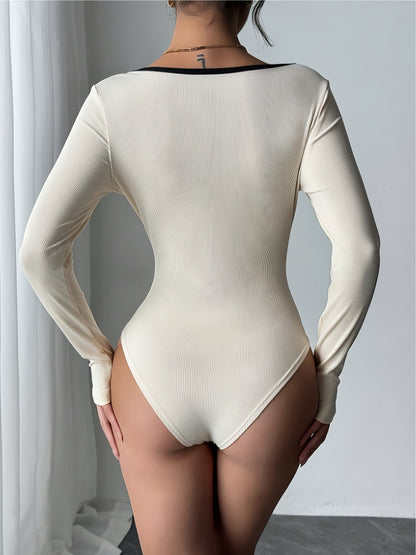 DP053391 Գունավոր բլոկներով քառակուսի վզնոցով բոդի, երկար թևքերով, մարմնին միացված կոմբինեզոն – ոճային և սեքսուալ դիզայն՝ բազմակողմանի չափսերով՝ նորաձև տեսքի համար