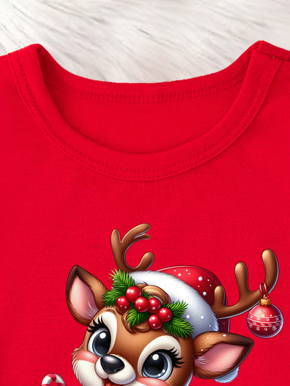 CHICFULL Girls' Red Christmas Deer & Candy Cane Print T-Shirt - Soft Knit Short Sleeve Round Neck Top with Smiling Deer & Holly Bow Design, Machine Washable Winter Party Outfit for Holiday Celebrations, New Year's Eve & Casua