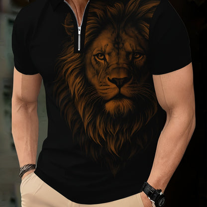 Men's Zip Shirt Short Sleeve Summer Trendy Lion Print Collar T-Shirt Business Casual Slim Fit Men's Top Women's Clothing - ayq