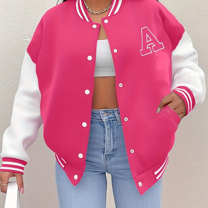 Կանացի առօրյա երկարաթև բեյսբոլի բաճկոն «A» տառի դետալով - սև և բեժ երկգույն դիզայն, կոճակներով առջևի մաս, գրպաններ, աշուն/ձմեռ նորաձև վերնազգեստ, աշուն-ձմեռ հագուստ | կոճակներով բաճկոն | ֆունկցիոնալ գրպաններ