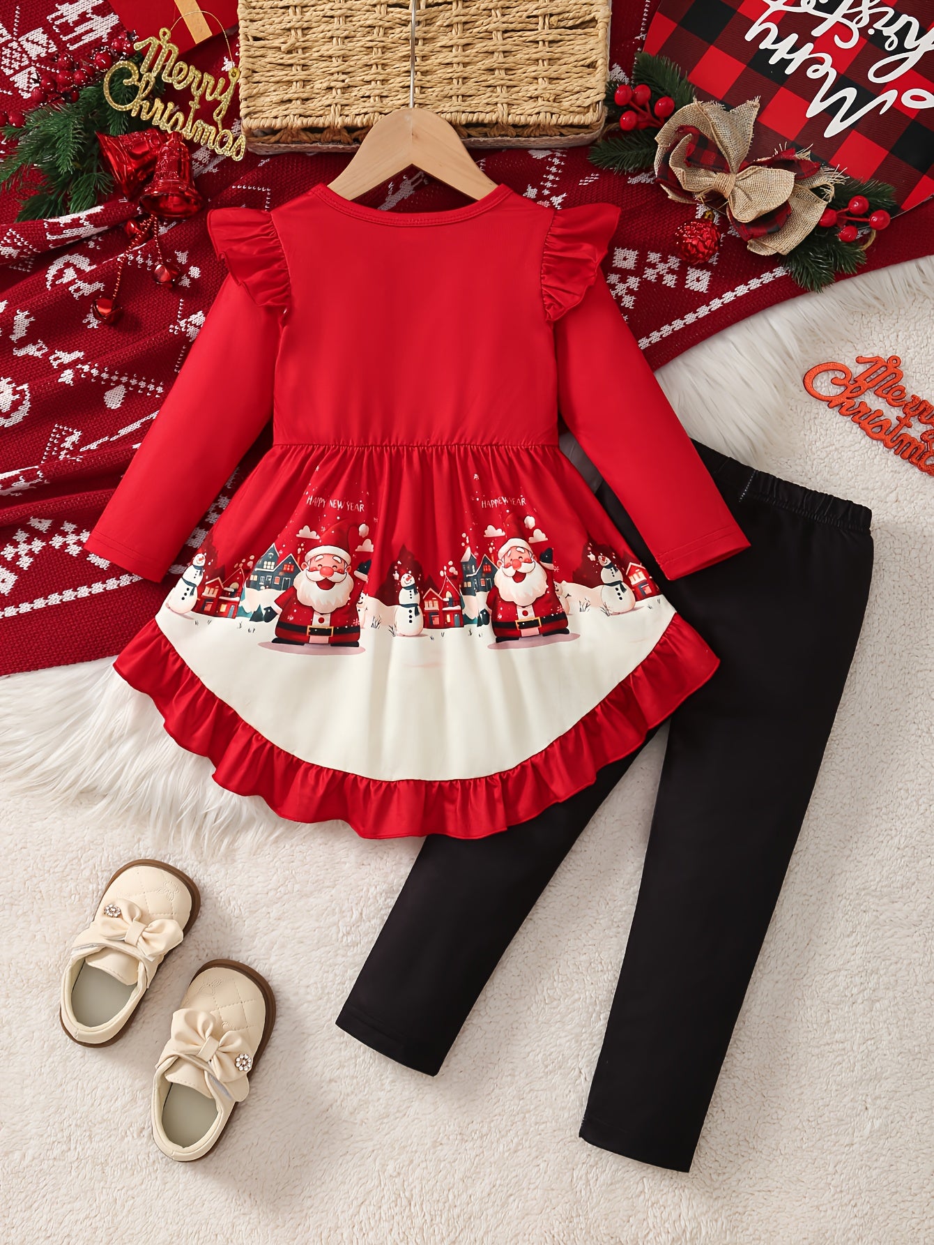 2pcs Girls' Long Sleeve Christmas Santa Claus Letter Print Irregular Skirt + Pants Set, Holiday Outfit, Seasonal Clothing, Festive Design, Elegant Style, Quality Stitching, Comfortable Fit, Twopiece Outfit, Matching Set, Holi