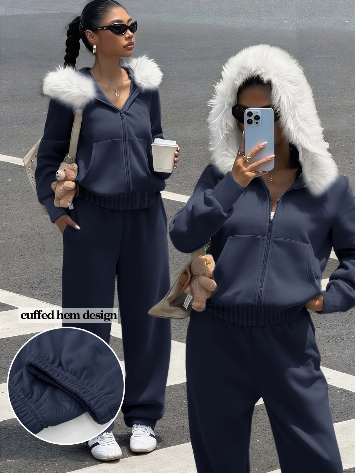Women's Casual Polyester Hoodie & Wide-Leg Pants Set - ayq