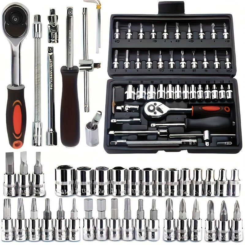 150/46pcs Professional All-in-One Auto Repair Tool Set Compatible for European- Heavy-Duty Alloy Metal Toolbox with Ratchet Torque Wrench, Hex Bit Screwdriver Kit, Multi-Size Car Mechanic Tool Kit for DIY& Professional Mechan