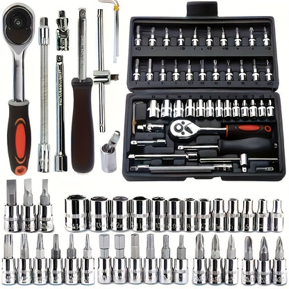 150/46pcs Professional All-in-One Auto Repair Tool Set Compatible for European- Heavy-Duty Alloy Metal Toolbox with Ratchet Torque Wrench, Hex Bit Screwdriver Kit, Multi-Size Car Mechanic Tool Kit for DIY& Professional Mechan