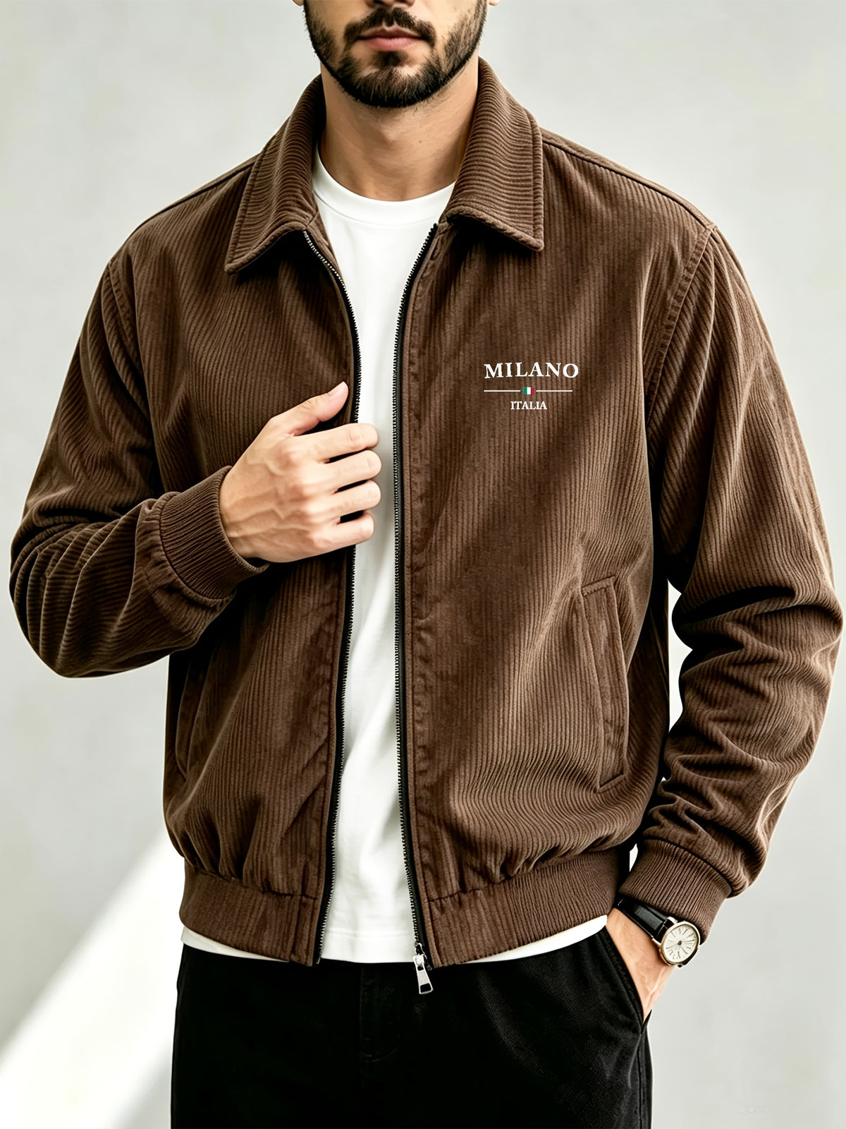 Men's Corduroy Zipper Jacket with Lapel Collar for Spring/Fall
