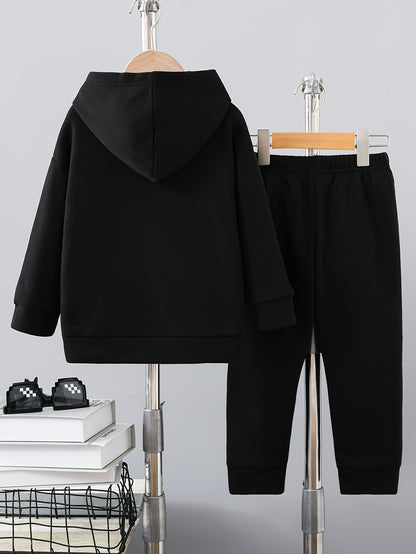 2pcs Set of 3D Embossed Letter Solid Color Thickened Hooded Sweatshirt for Autumn and Winter, Fleece-Lined Fabric with Comfortable Feel and Strong Warmth, Fashionable Versatile Unisex ' Hoodie with Round Neck Pullover, Perfec