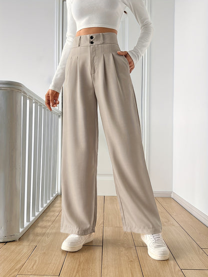 Women's High-Waisted Straight-Leg Pants - Light Beige Casual Polyester Blend with Button Details, Machine Washable, All-Season Comfort for Casual Attire, Cute Pants