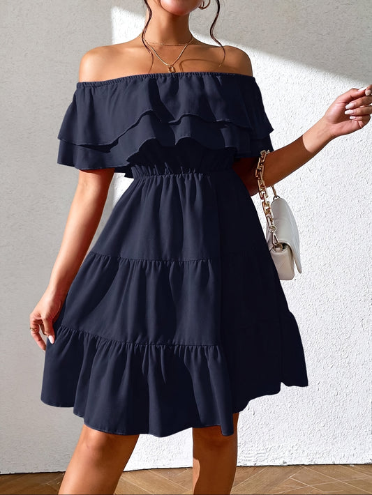 Women'S Off the Shoulder Ruffle Hem Casual Dress, Polyester 100%, Solid Color, Fitted, Woven, for All Seasons