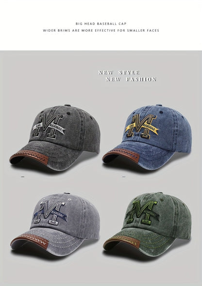 Spring And Autumn Retro Washed Denim Duckbill Cap, Fashionable Outdoor Sun Baseball Hat, With Old Letter M Embroidery, For Men Women