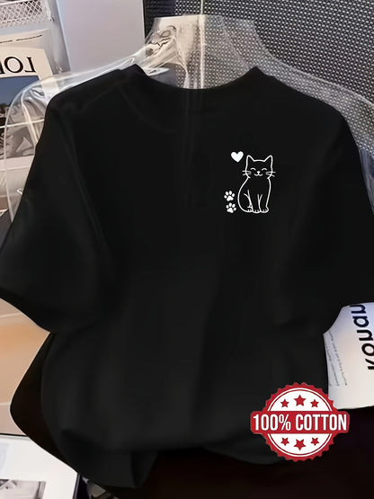 Women’s Casual Cotton T-Shirt with Cute Cat Print, All-Season