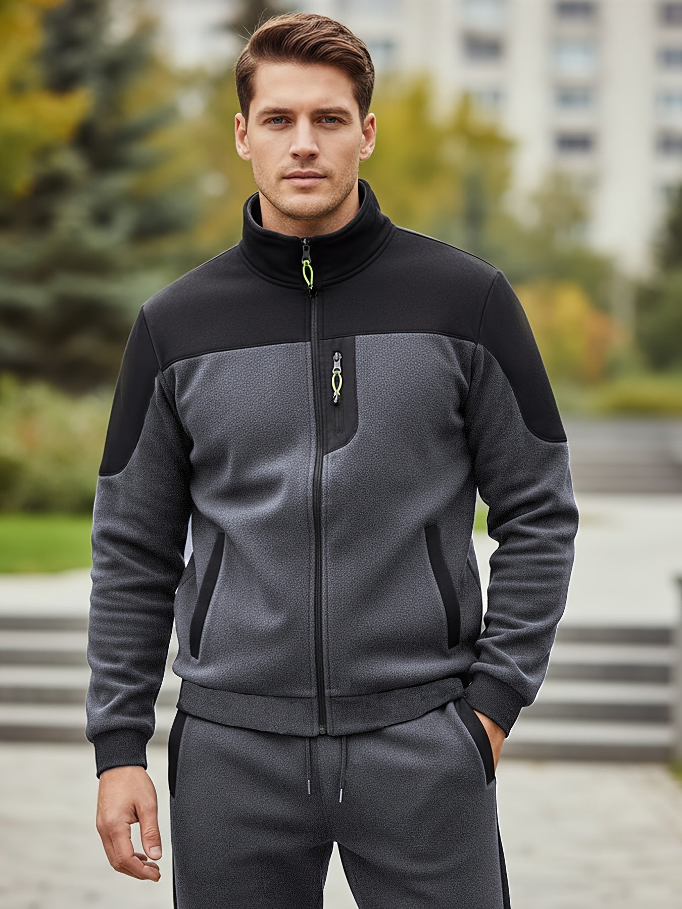 New Autumn And Winter Men'S Plush Zip-Up Color-Blocking Pocket Stand Collar Jacket And Long Pants Set, Stylish High Street Men'S Two-Piece Outfit