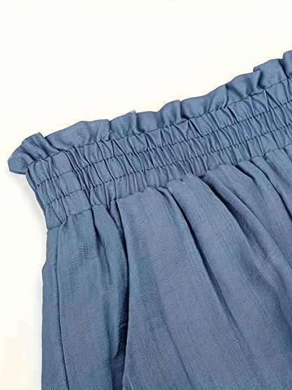 Solid Tassel Hem Loose Shorts, Vacation Paper Bag Waist Summer Shorts, Women's Clothing