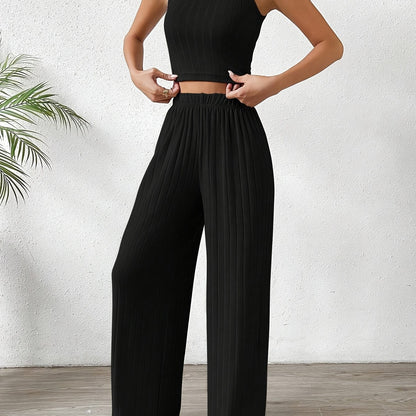 Solid Ribbed Elegant Pants Set, Crew Neck Sleeveless Slim Tank Top & Elastic Waist Wide Leg Pants Outfits, Women's Clothing