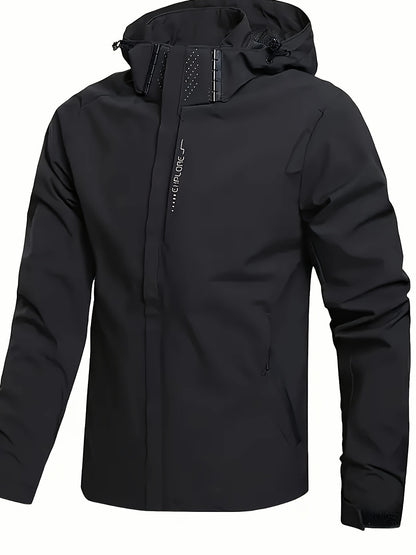 Men's Hooded Casual Windbreaker Jacket - 100% Polyester, Non-Stretch Woven Fabric, Long Sleeve, Regular Length, Alphabet Pattern, Zippered Pockets, Detachable Hood - All-Season Outdoor Lightweight Coat