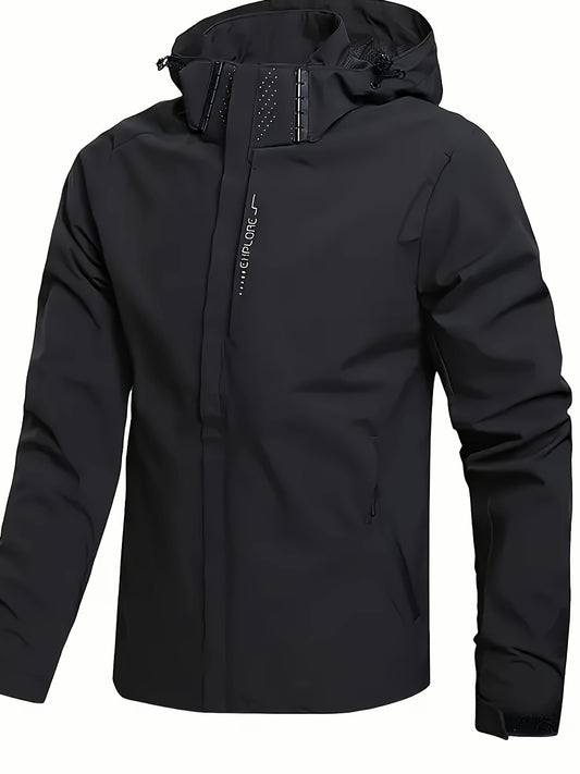Men's Hooded Casual Windbreaker Jacket - 100% Polyester, Non-Stretch Woven Fabric, Long Sleeve, Regular Length, Alphabet Pattern, Zippered Pockets, Detachable Hood - All-Season Outdoor Lightweight Coat