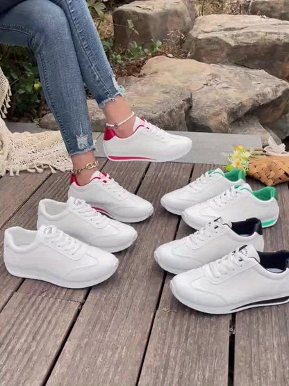 Women's Lightweight Casual Sneakers - White Synthetic Leather, All-Season Comfort, Stability Support, Breathable Fabric Lining, TPR Sole, Perfect for Casual Attire, Cute Shoes