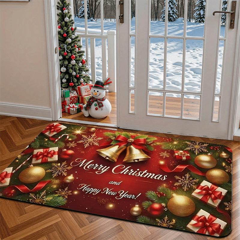 1pc Christmas & New Year Welcome Mat with Merry Christmas & Happy New Year Greeting, Red/Golden/Green Holiday Design, Non-Slip Backing, Heavy-Duty 600g/m² Polyester, Machine Washable Indoor/Outdoor Door Mat with Pine Branche