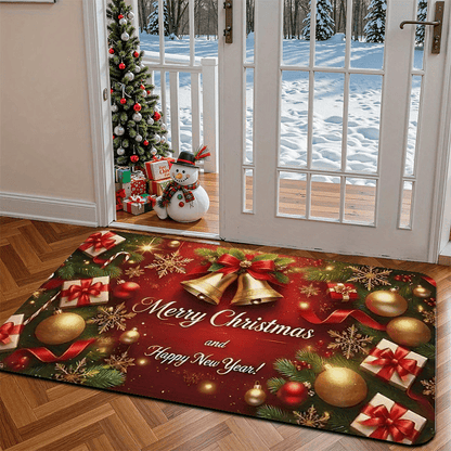 1pc Christmas & New Year Welcome Mat with Merry Christmas & Happy New Year Greeting, Red/Golden/Green Holiday Design, Non-Slip Backing, Heavy-Duty 600g/m² Polyester, Machine Washable Indoor/Outdoor Door Mat with Pine Branche