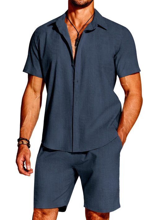 Men'S 2pcs Summer Beach Set, Cotton Linen Blend, Casual Short Sleeve Button- Shirt and Shorts, Solid Color, Lapel Collar, Non-Stretch Fabric, Regular Fit, Woven, 160g/m² - Loungewear Outfit
