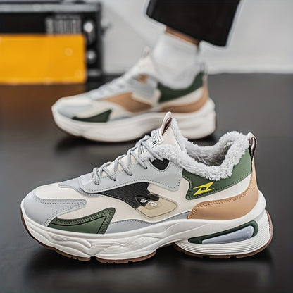 Men's Winter Sneakers with Plush Collar - Beige/Grey/Green PU Upper, Thick Rubber Sole & Traction Tread - Low-Top Lace-Up Warm Shoes for Cold Weather, Casual & Sports (White Accent)