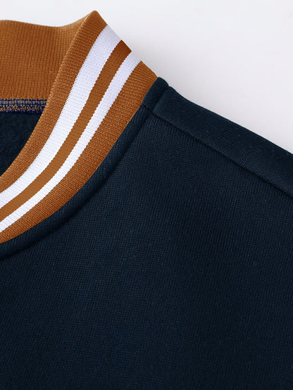 Men'S Baseball Jacket with Letter B Lettering - Navy & Golden Accent Casual Streetwear, Button-Front Closure, Regular Fit Fall/Winter Outerwear, Baseball Jacket