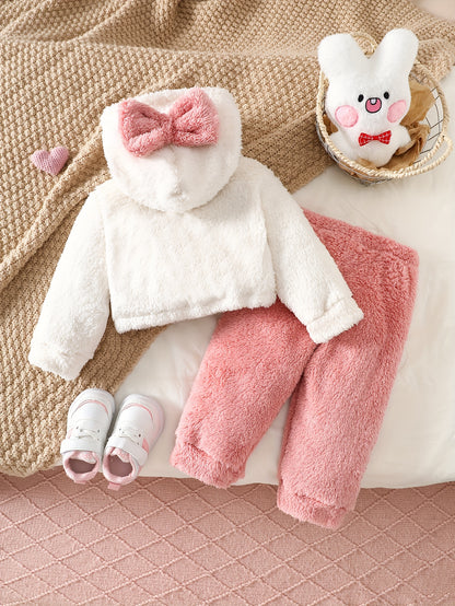 Girls' Cute Cartoon Cat Print Hooded Sweatshirt & Pants Set - Soft Plush Fleece, Pink &, Perfect for Outdoor Play & Daily Wear, Ideal Gift for Newborns, Outdoor Play Clothes, Playful Design, Comfortable Clothing, For Outdoor