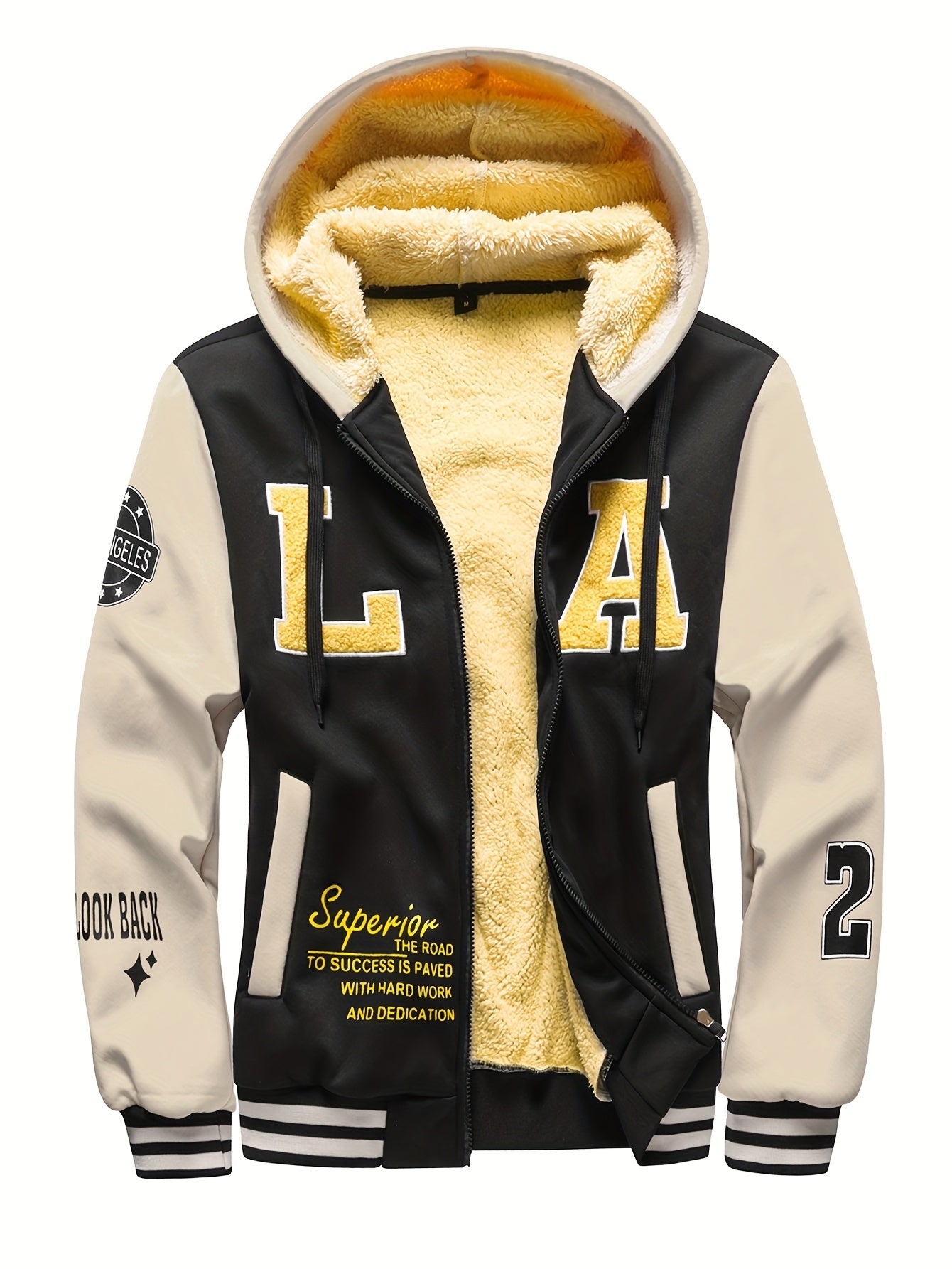 Men'S Cozy Fleece-Lined Hooded Jacket with "LA" Lettering - & Yellow Color Block, Zip-Up Casual Outerwear, Long Sleeves, Pockets, Perfect for Fall & Winter, Casual Winter Wear | Hooded Jacket | Zippered Jacket