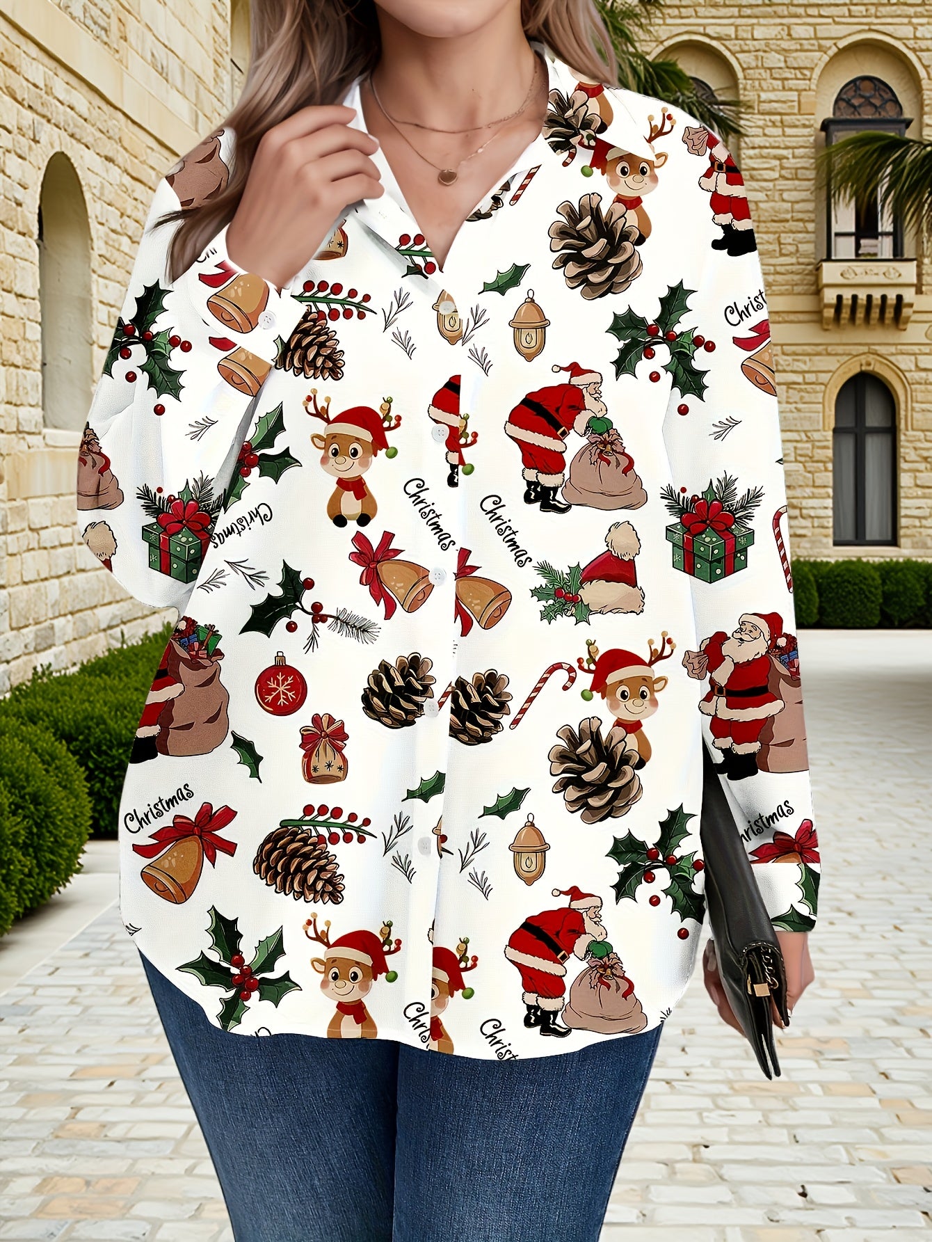 Plus Size, Women's Plus Size Winter Deer & Moose Print Blouse - Long Sleeve Christmas Party Shirt with Collar & Button Front, Red & Black Nordic Winter Pattern, Machine Washable Elegant Casual Holiday Outfits for Christmas &