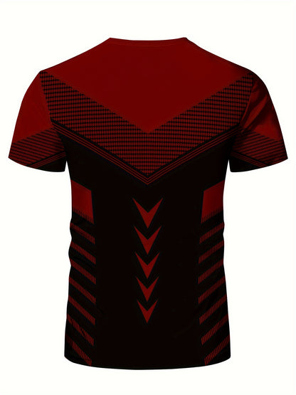 Men'S Geometric-Pattern Sports T-Shirt, Polyester Blend, Crew Neck, High Stretch, Short Sleeve, Quick-Dry, Tear-Resistant, Knit Fabric, Skinny Fit, with 3D Heat Sublimation for Running, Yoga, Training, Hiking, Casual & Athlet